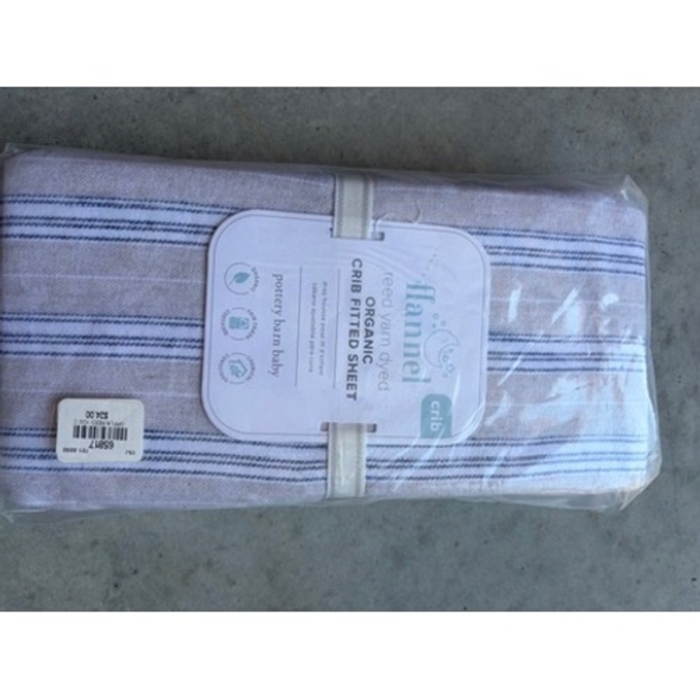 Pottery Barn Baby Reed Yarn Dyed Organic Flannel Crib Fitted Sheet Blue Tan